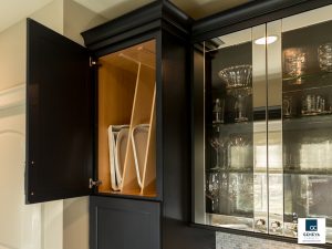 iday kitchen preparations serving trays ready glasses cleaned Black cabinetry with metallic door in gloss metal
