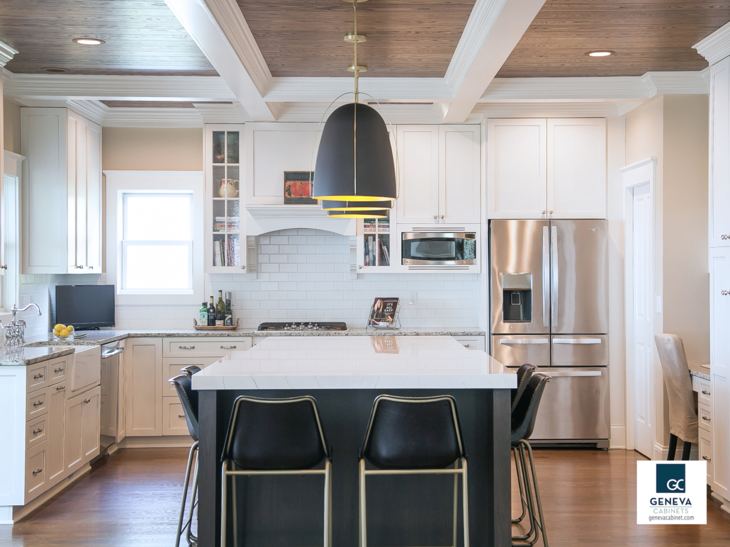 Geneva Cabinet Company kitchen with new island Plato Cabinetry 