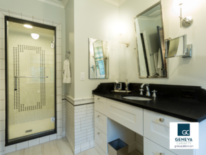 Classic black and white contrast cabinet and shower tile