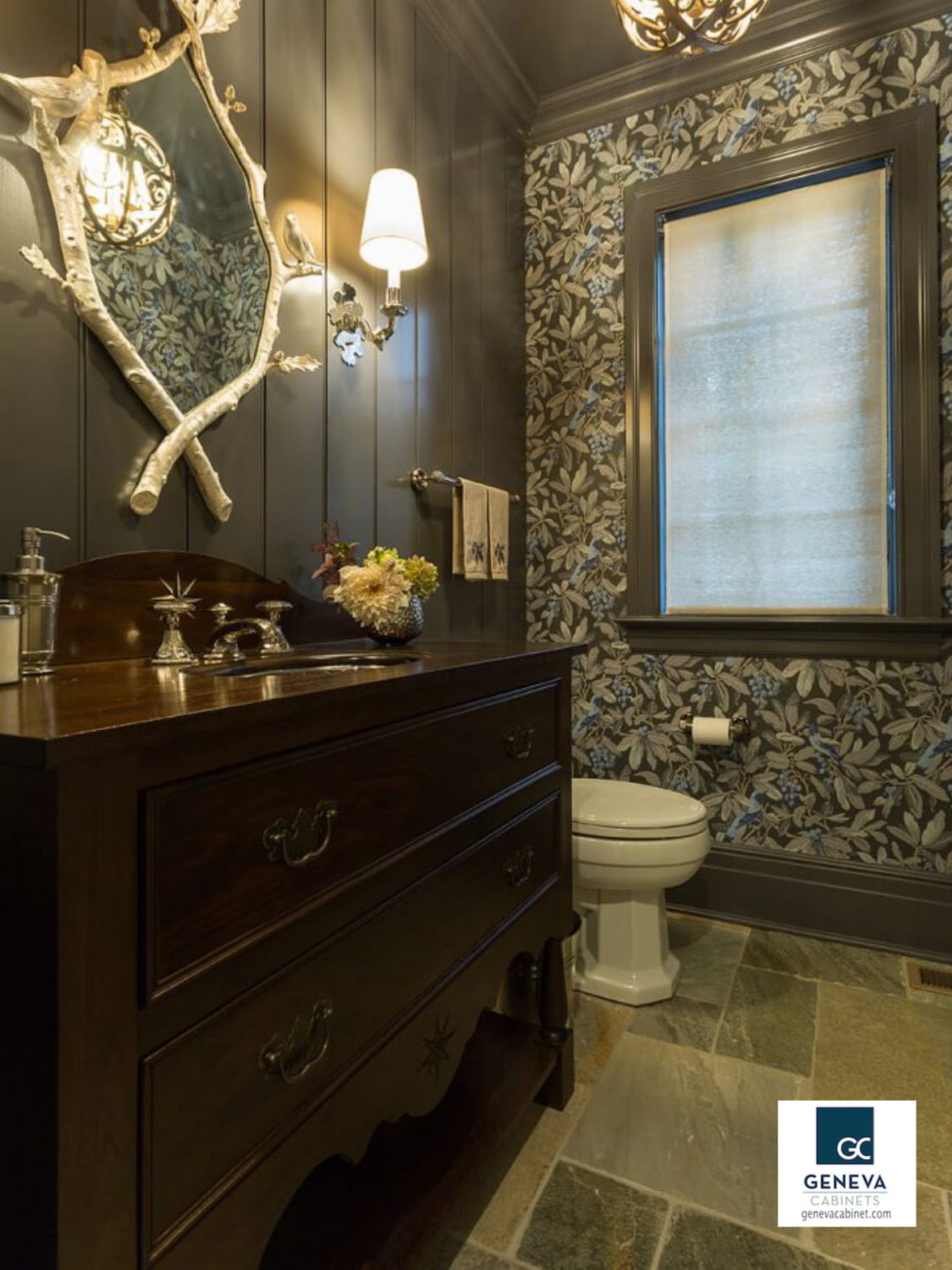 DRAMATIC READING room with furniture inspired vanity