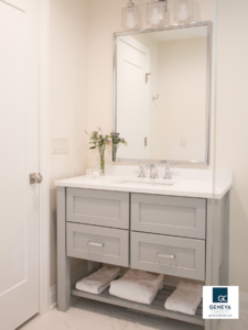 Medallion bathroom vanity with open and closed area